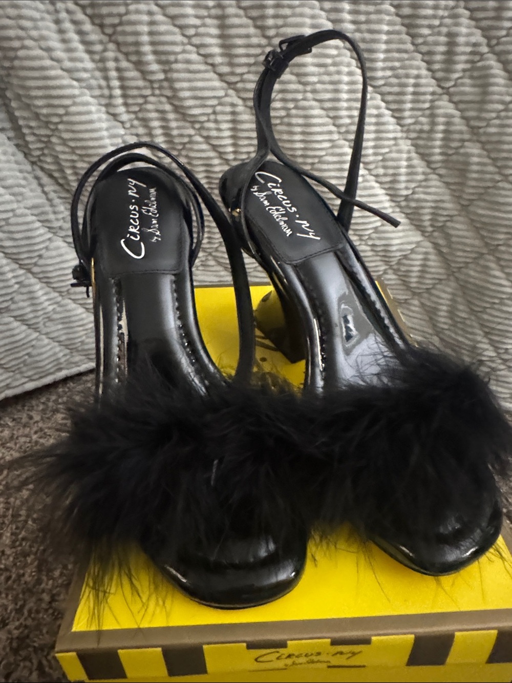 Circus by Sam Edelman Black Feather Trim Patent Slingback Heels